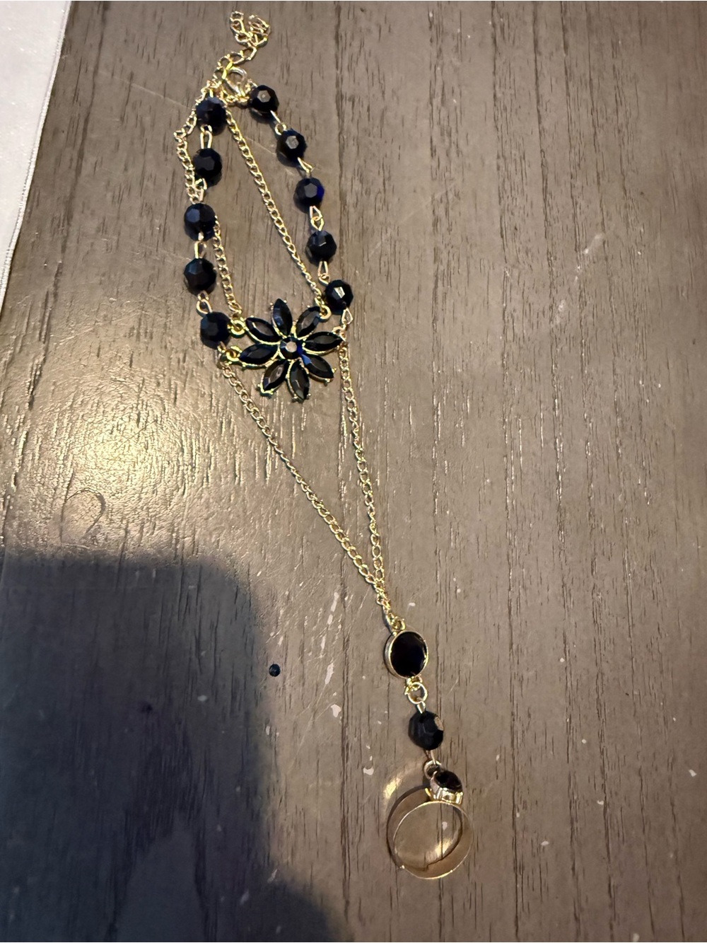 Black Beaded Floral Hand Chain Bracelet Gold Tone Gothic Boho Jewelry